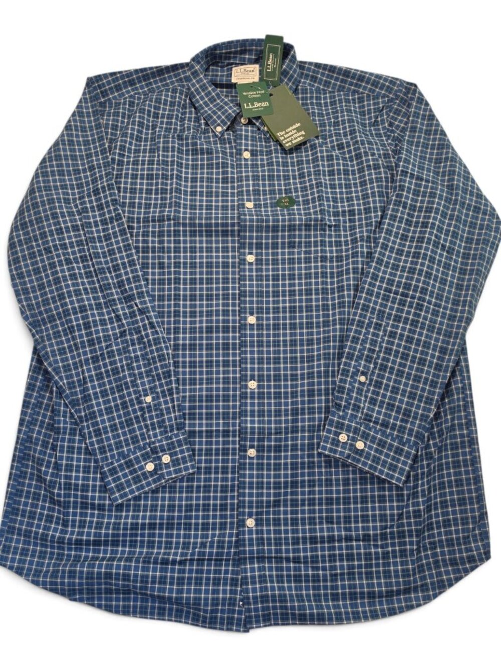 L.L. Bean Men XL Tall Blue Plaid Wrinkle Free Cotton Button Shirt New